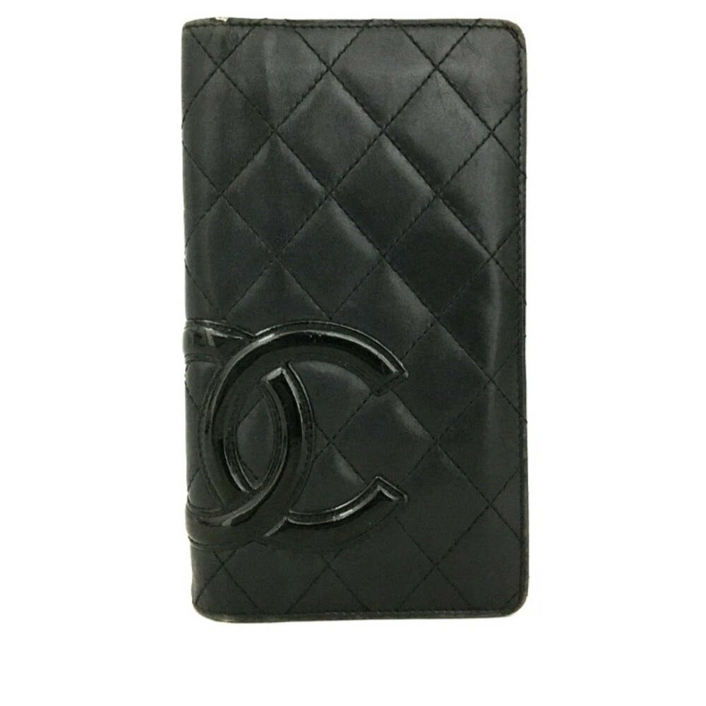 CHANEL Vintage Combon Line Lambskin Long Bifold Wallet Black - Rank B+